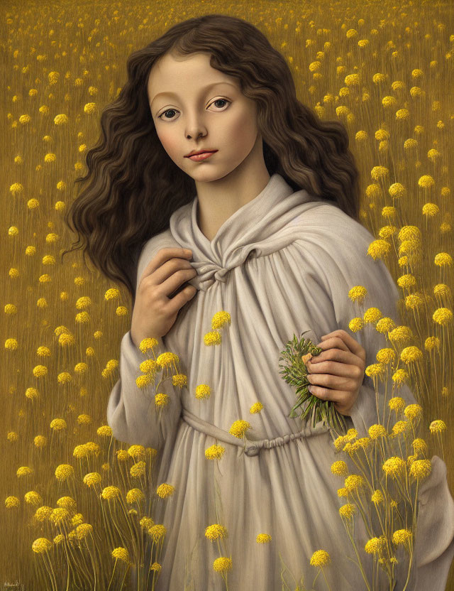 Young girl in grey dress with yellow flowers, wavy hair, holding bouquet.