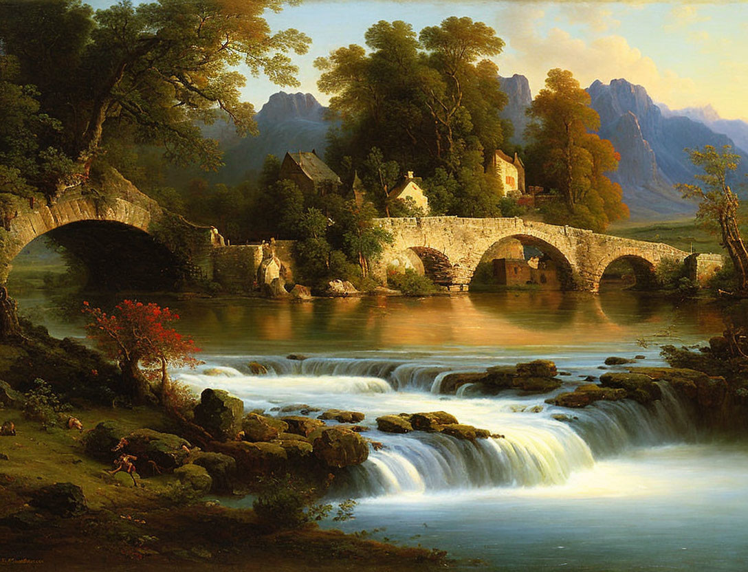 Tranquil landscape with waterfall, stone bridges, trees, mountains, and village