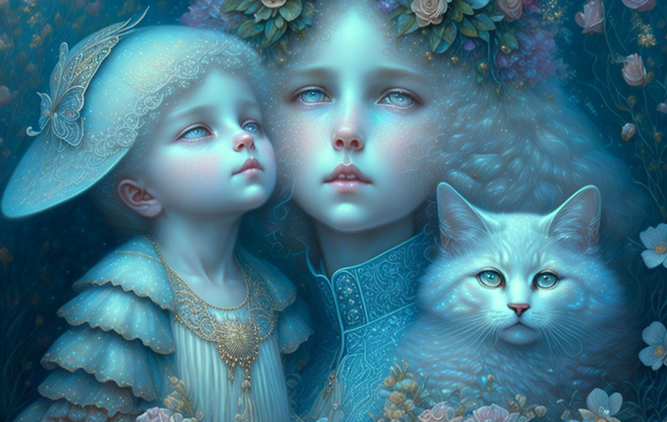 Ethereal children with blue eyes, cat, and floral elements in dreamy setting