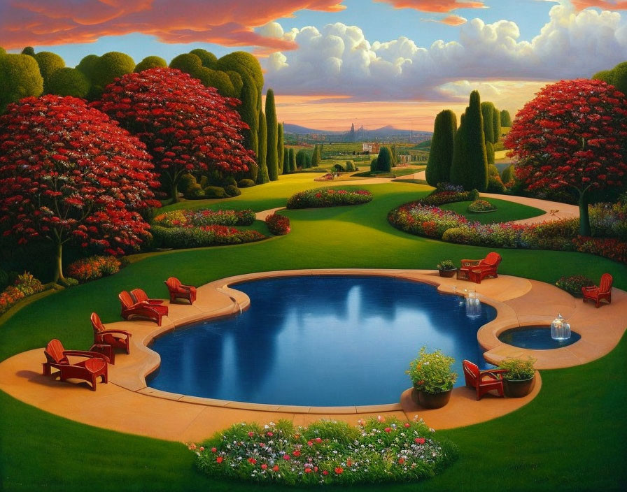 Serene garden with lush trees, blooming flowers, and pool at sunset