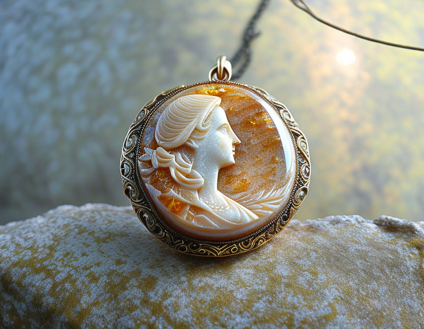 Intricate cameo pendant of woman's profile in golden frame on textured surface with water background