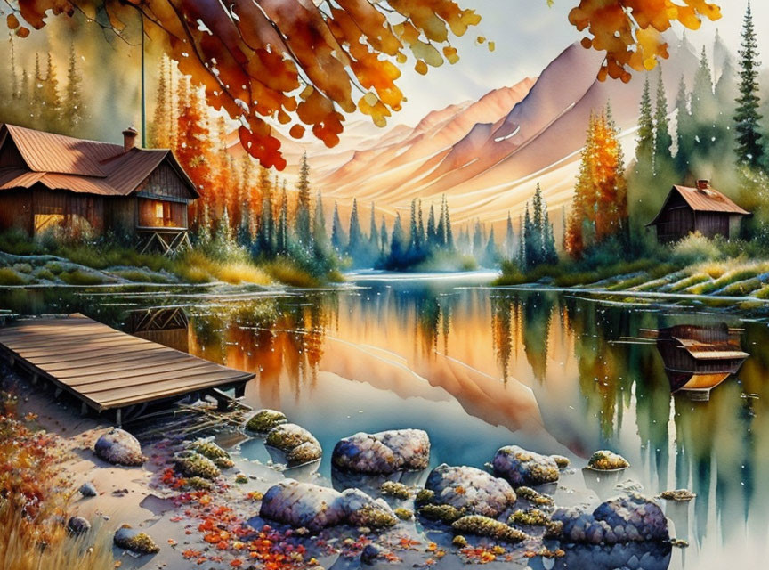 Tranquil autumn scene: lake, colorful trees, cabins, dock, mountains.