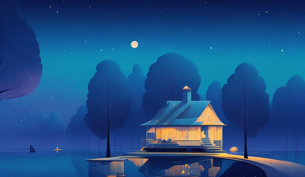 Nighttime lakeside pier with house, trees, starry sky, crescent moon