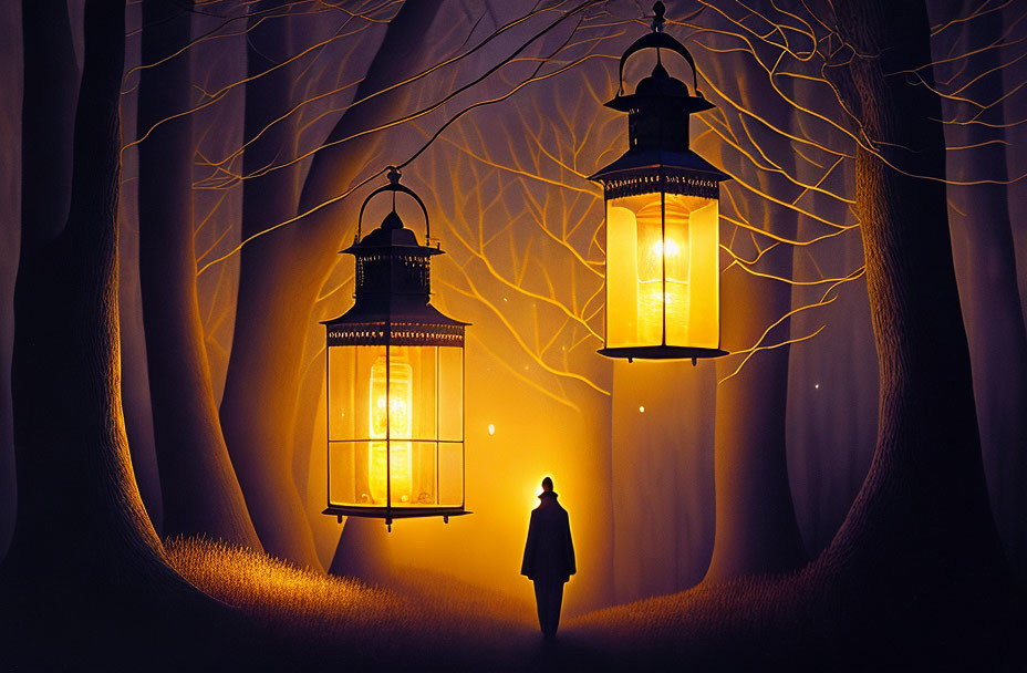 Silhouette of person in foggy forest with hanging lanterns