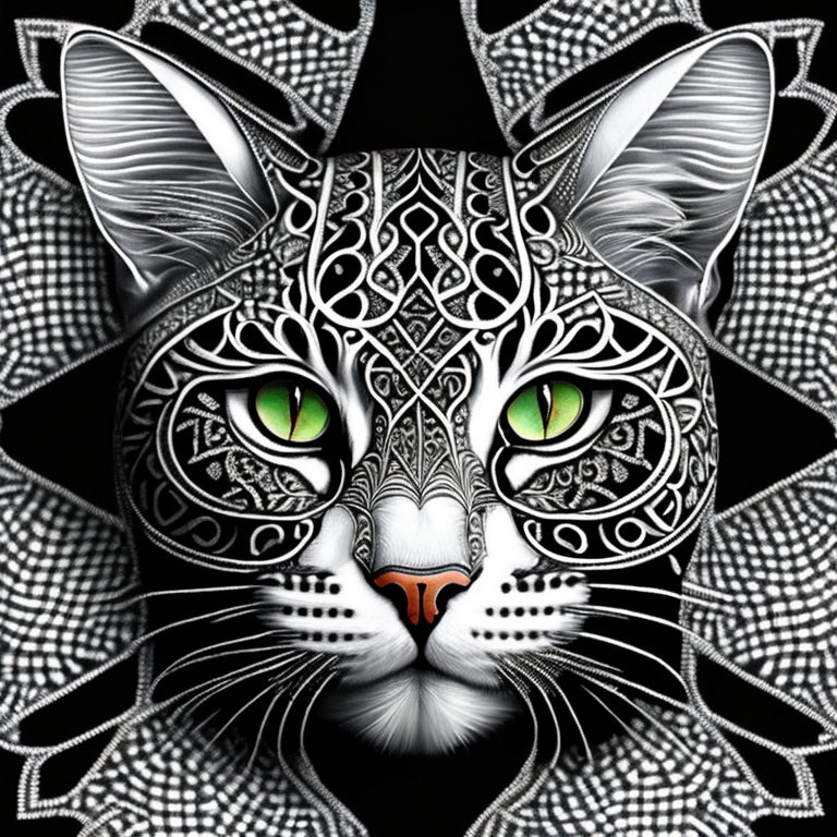 Detailed Monochromatic Cat Illustration with Intricate Patterns and Star Background