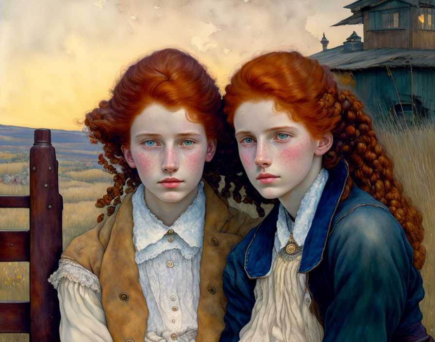 Red-haired individuals in vintage attire with freckles, set against rustic backdrop