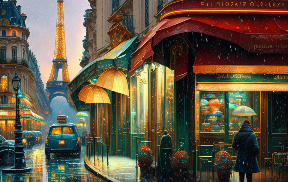 Colorful Parisian Evening Scene with Eiffel Tower and Rainy Figure