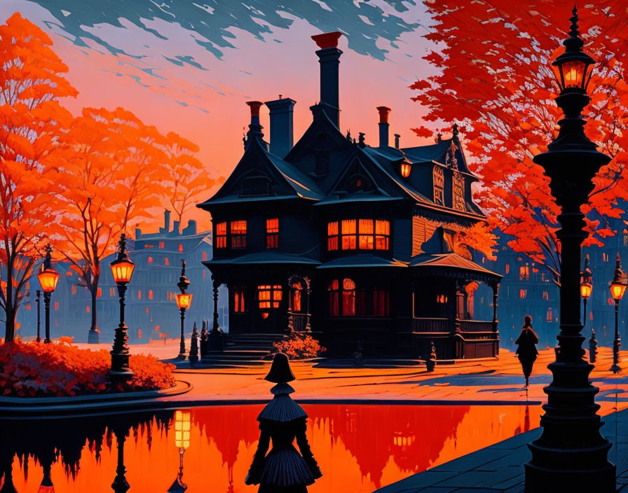 Victorian house silhouette figures in red autumn dusk landscape