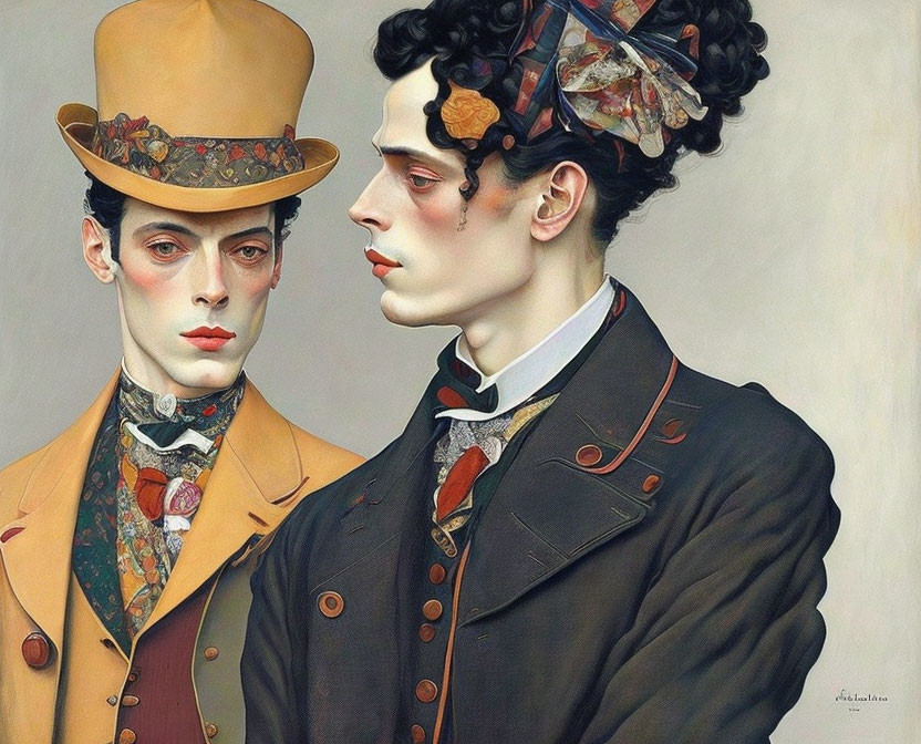 Victorian-era fashion depicted on two stylized men with surreal and detailed features