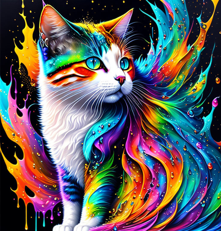 Colorful Rainbow Cat Illustration with Whimsical Splash Pattern