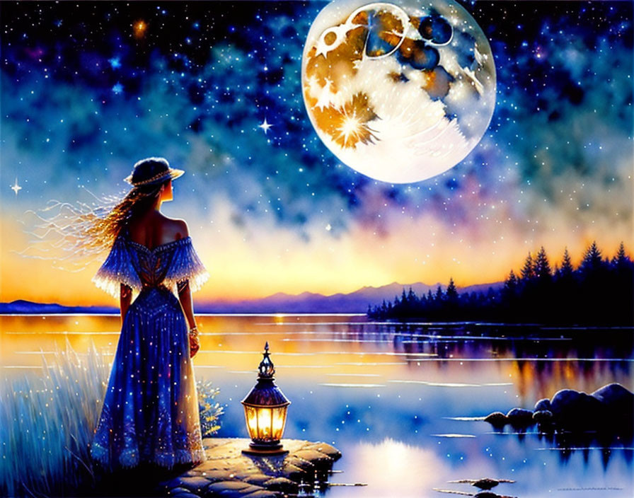 Woman in flowing dress by lakeside under detailed moon at night