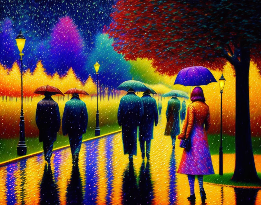 Colorful painting of people with umbrellas on wet path under starry, rainy sky
