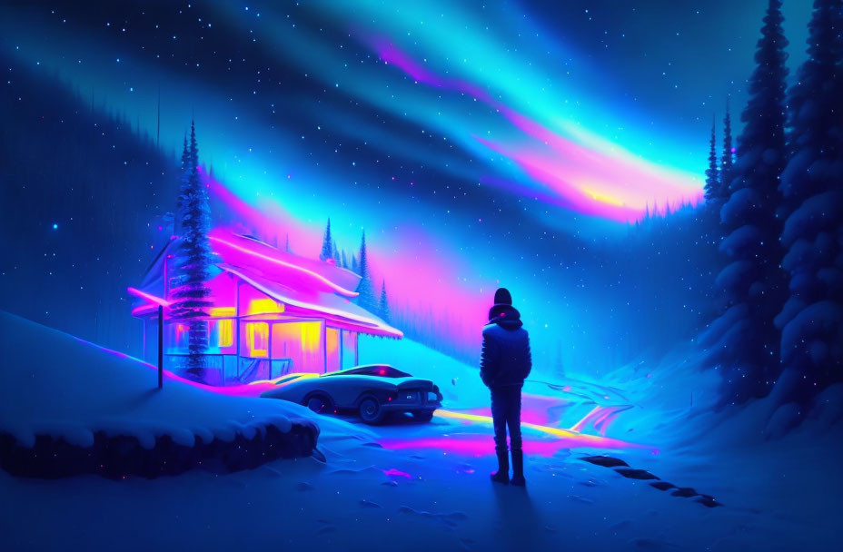 Person standing by neon-lit cabin under aurora sky with car in snowscape