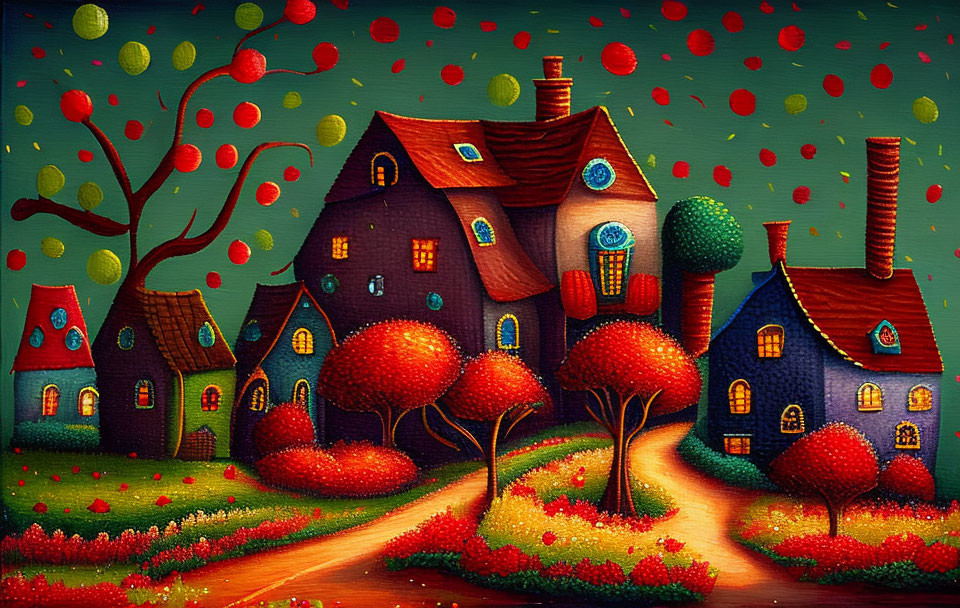 Colorful painting of whimsical houses and trees with apples on green background
