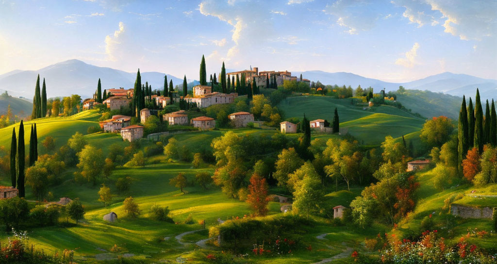 Tranquil Tuscan hill village scene with cypress trees under clear blue sky