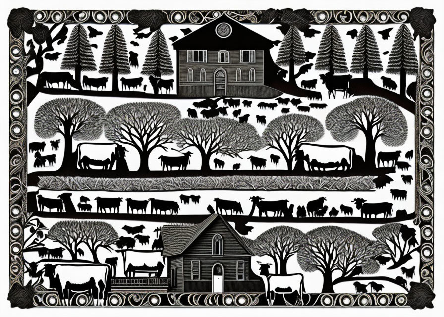 Monochrome pastoral illustration with animals, trees, houses, and borders