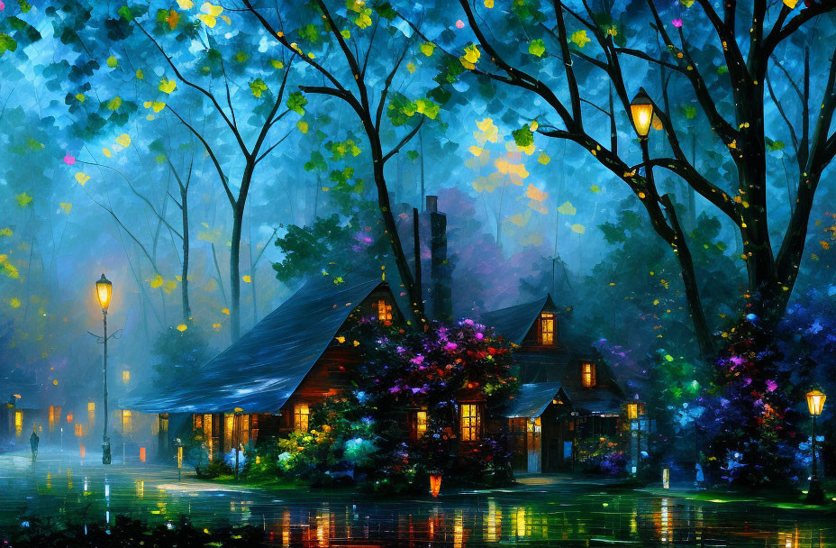 Idyllic nighttime scene: quaint cottage, vibrant trees, starry sky, glowing street lamps