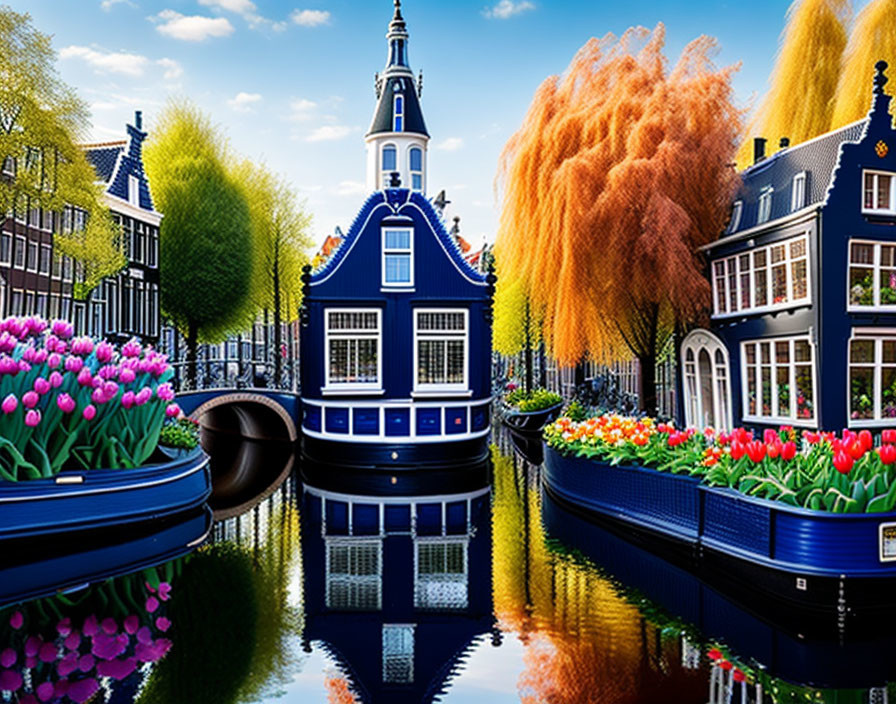 Vibrant tulips and traditional Dutch houses by colorful Amsterdam canal