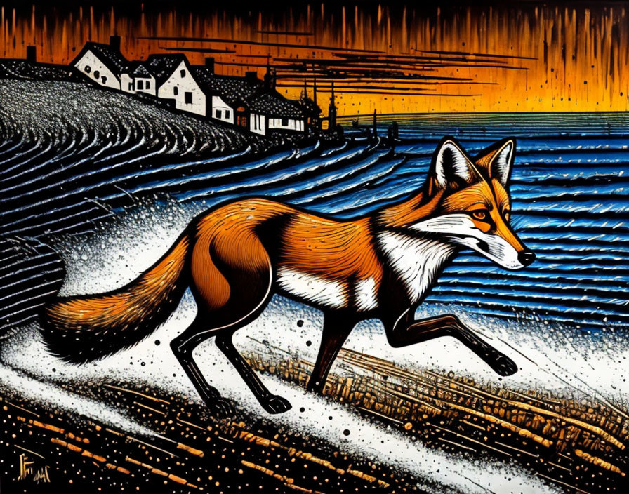 Colorful Fox Walking in Landscape with Houses and Pier