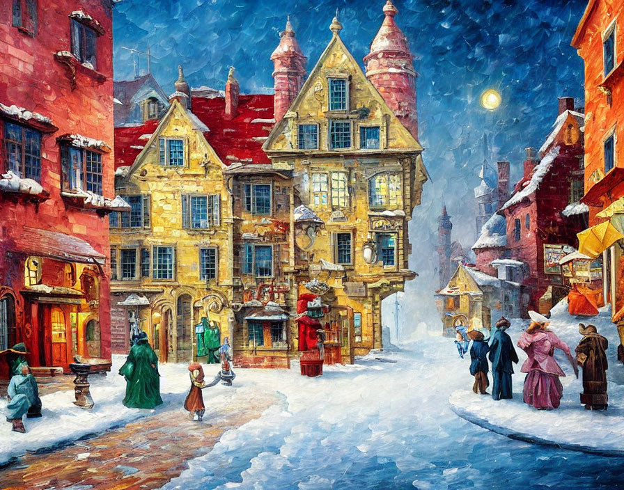 European Town Snowy Street Scene with Festive Decorations and Period Attire