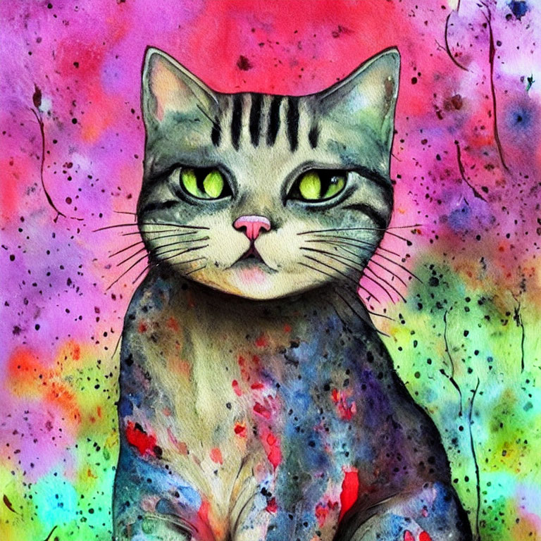 Vibrant watercolor painting of a cat with pink and green hues and splatter effect