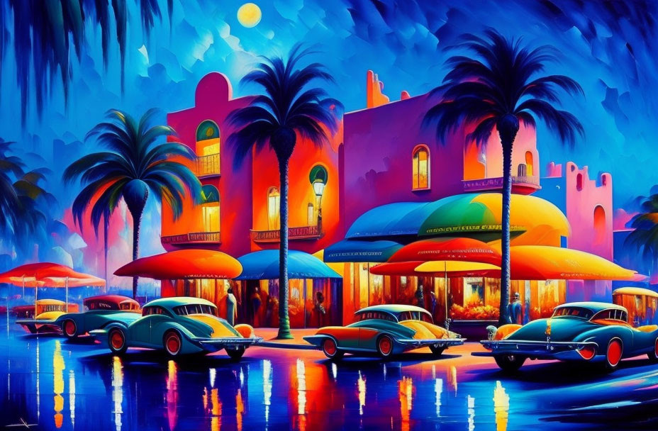 Colorful Tropical Street Scene with Vintage Cars at Dusk