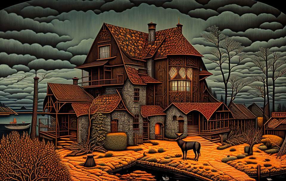 Vintage house with autumn trees and horse by water