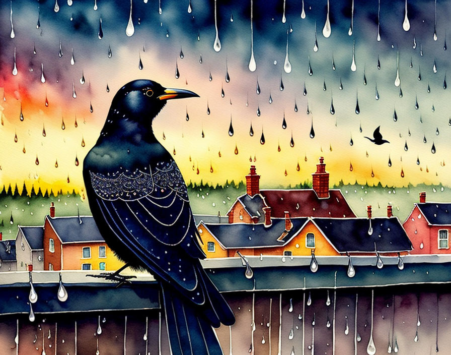 Vibrant illustration of blackbird on fence in rain with flying bird and stormy sky