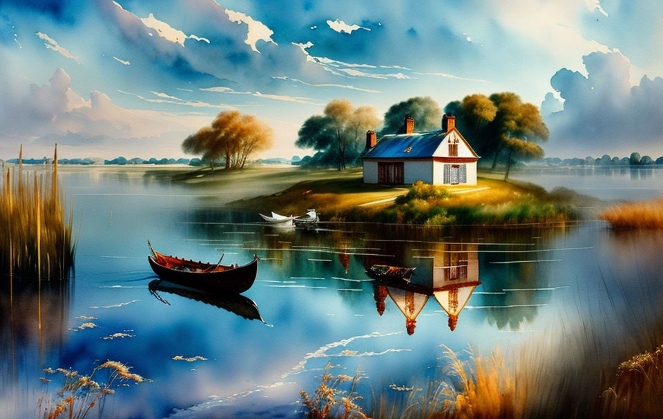 Tranquil landscape with cottage, boat, and dramatic sky over serene lake