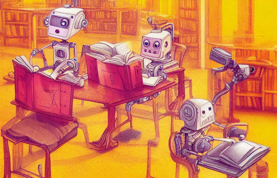 Four Cartoon Robots Reading Books in Cozy Library