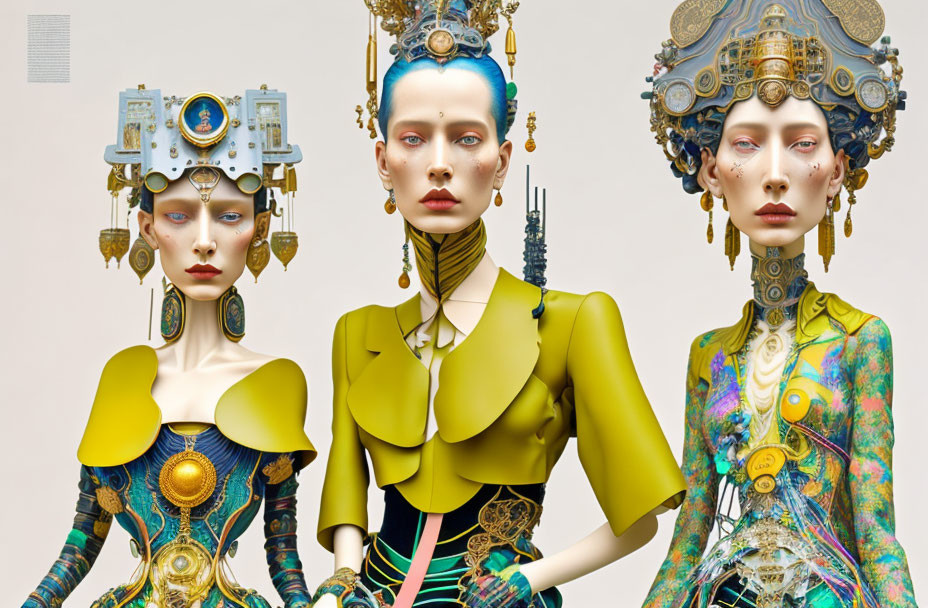 Colorful avant-garde outfits on futuristic female figures