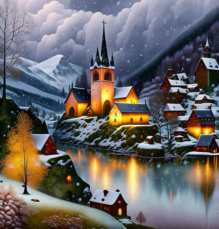 Snow-covered village with illuminated houses, church, river, and mountains under starry sky