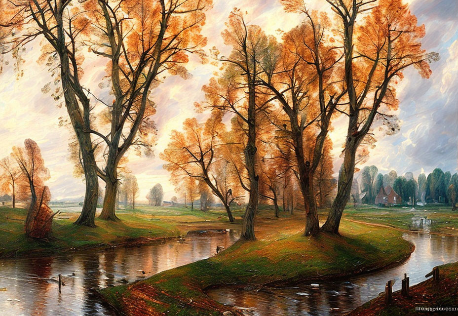 Tranquil river with golden-hued autumn trees