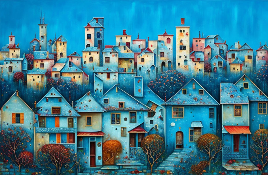 Colorful village painting with blue houses and red rooftops surrounded by red trees