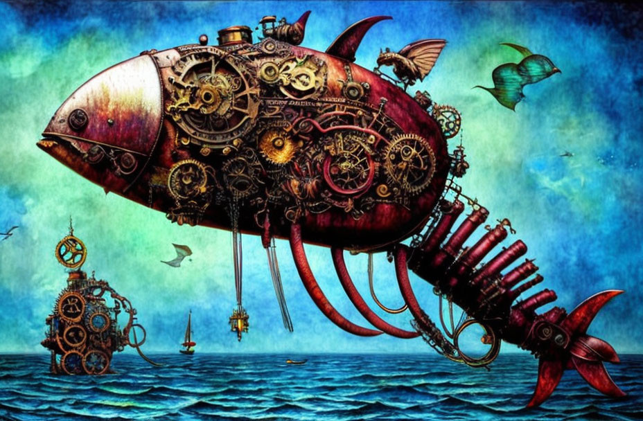 Steampunk-style fish submarine with intricate gears and marine elements