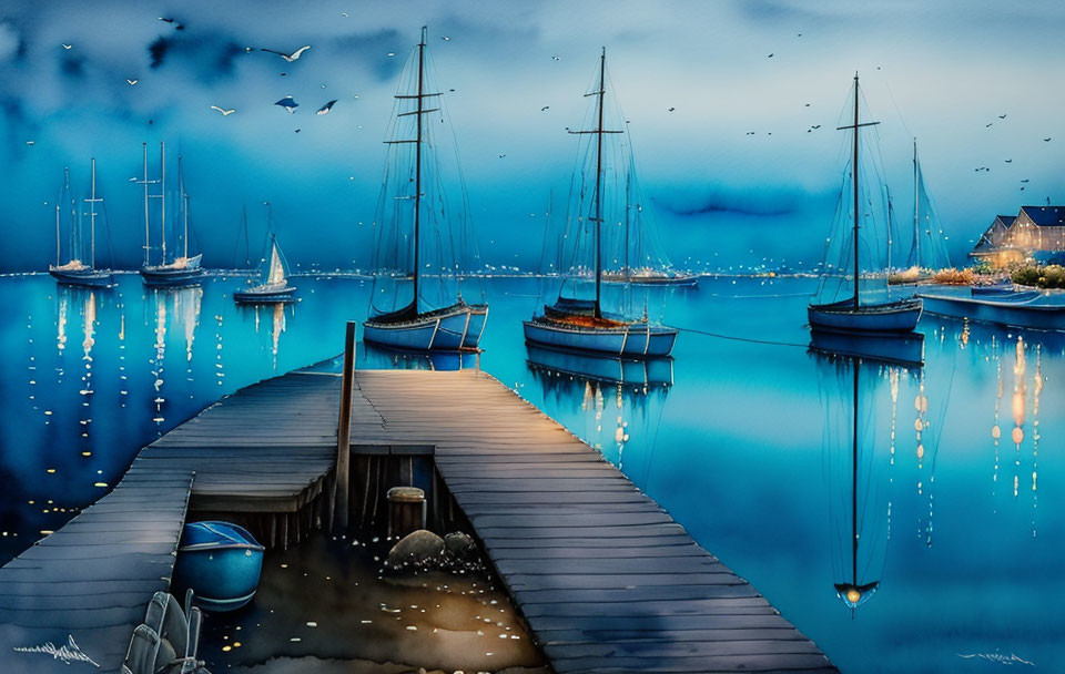 Tranquil harbor dusk scene with sailboats and wooden pier