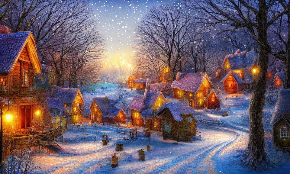 Cozy illuminated village under twilight sky with falling snow