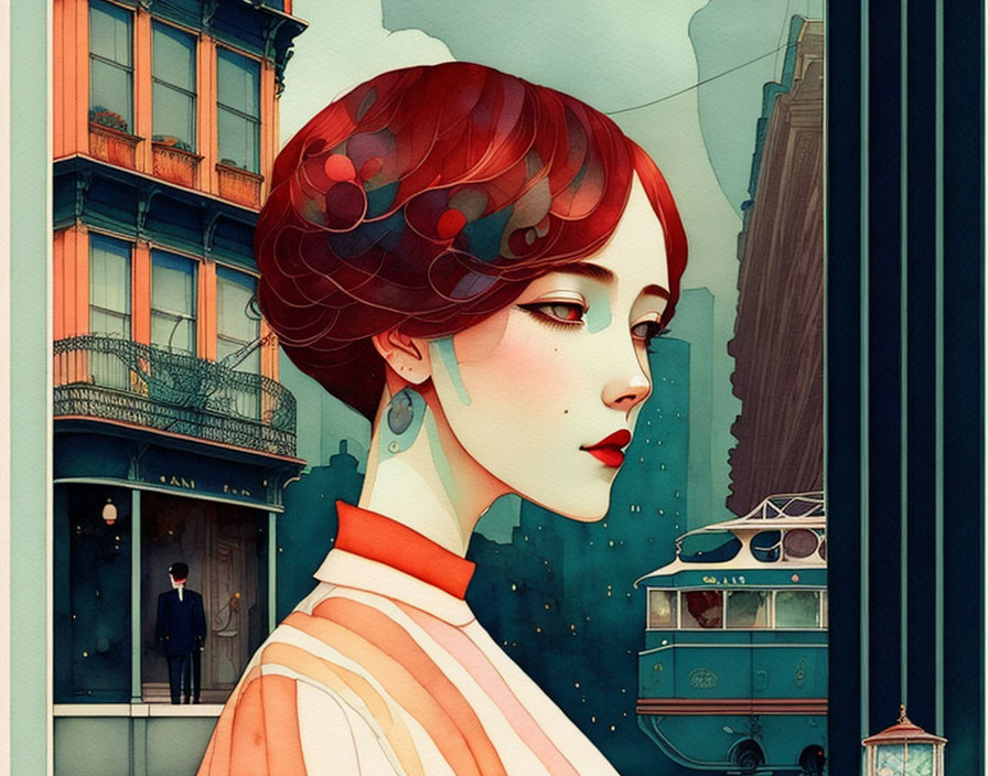 Illustrated female figure with red updo in stylish outfit against vintage architecture and tram background