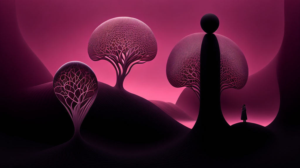 Magenta-toned surreal landscape with stylized trees and solitary figure