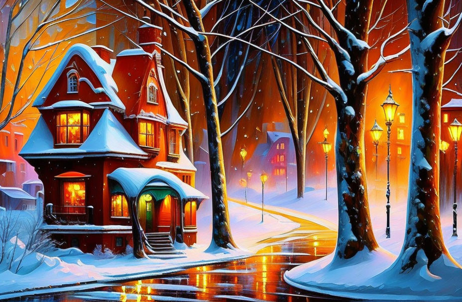 Cozy red house nestled in snowy trees with glowing street lamps on winter evening