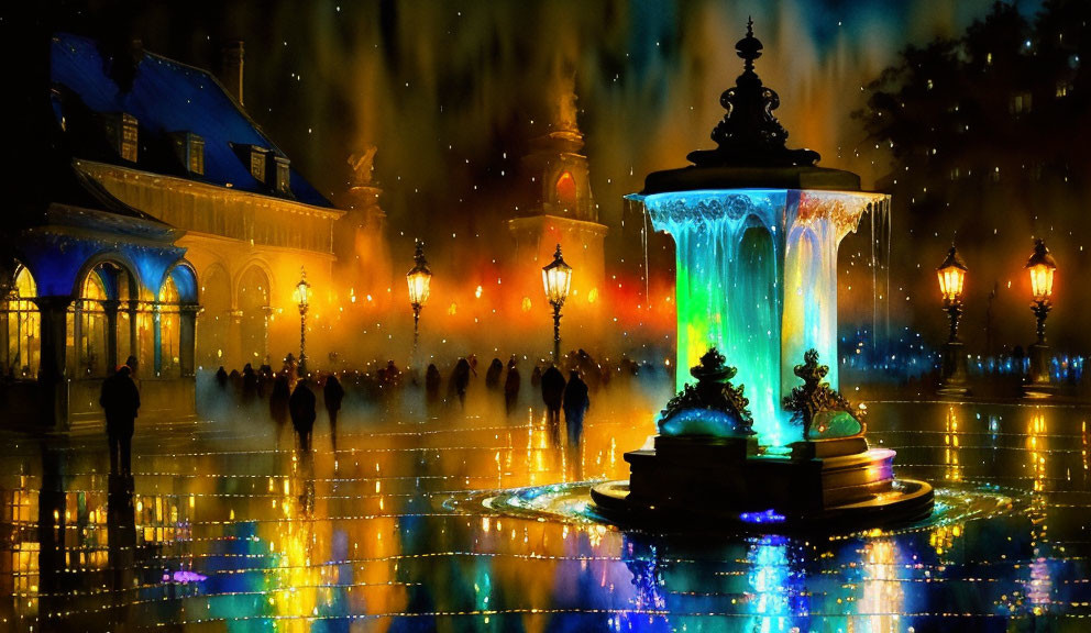 Colorful Night Fountain Surrounded by People and Lanterns