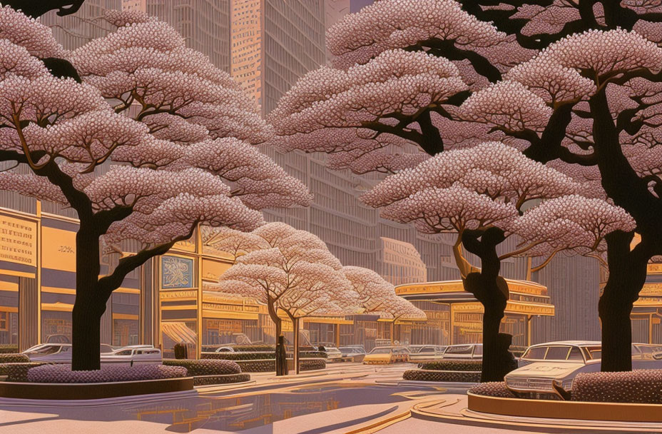 Cherry blossom trees, vintage cars, and art deco architecture in warm pink light