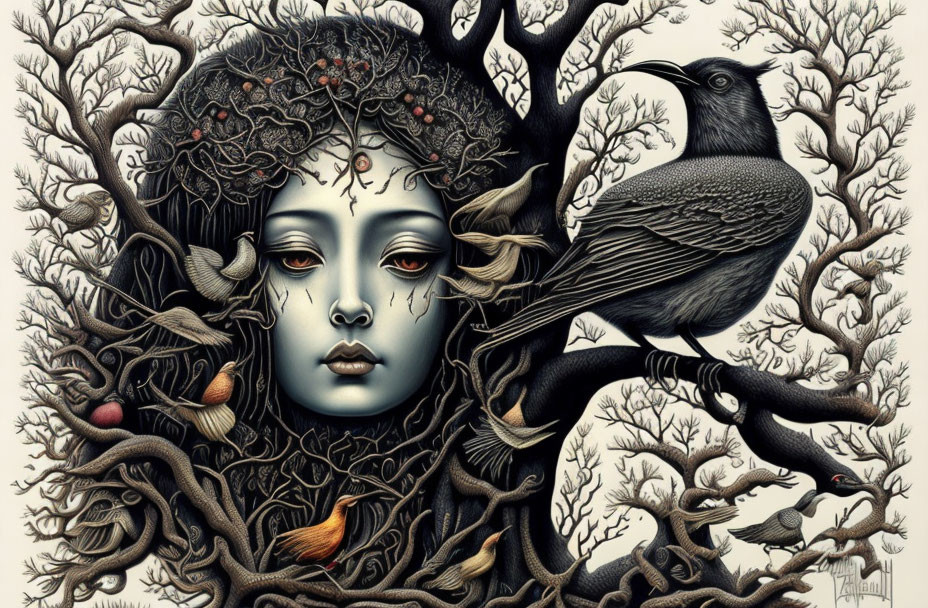 Surreal illustration blending woman's face with tree and crow