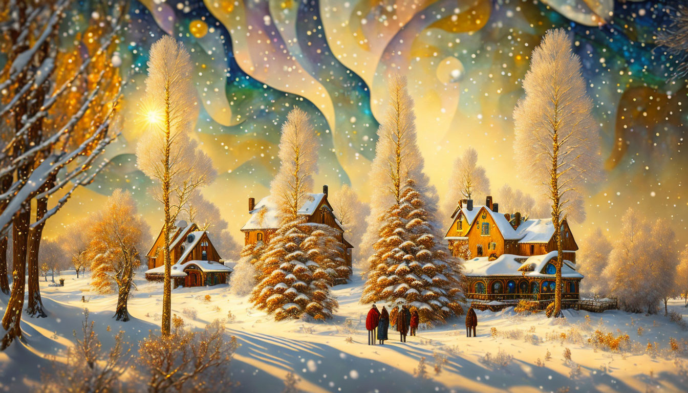 Snow-covered trees, houses, people, and aurora lights in a winter scene