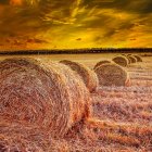 Scenic landscape with golden hay bales under orange and blue sunset.