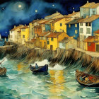 Colorful coastal village artwork with cliffs, sea, boats, and crescent moon