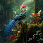 Colorful fantasy bird with red crest and blue tail in misty forest