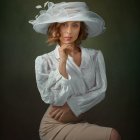 Red-haired woman in vintage white dress and floral hat against green backdrop