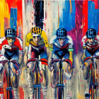 Colorful Cyclist Racing Artwork Against Geometric Cityscape