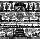 Monochrome pastoral illustration with animals, trees, houses, and borders